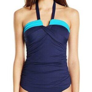 🌻Anne Cole Blue V-Wire Halter Shirred Bandeau Swim Tank Top Size Medium